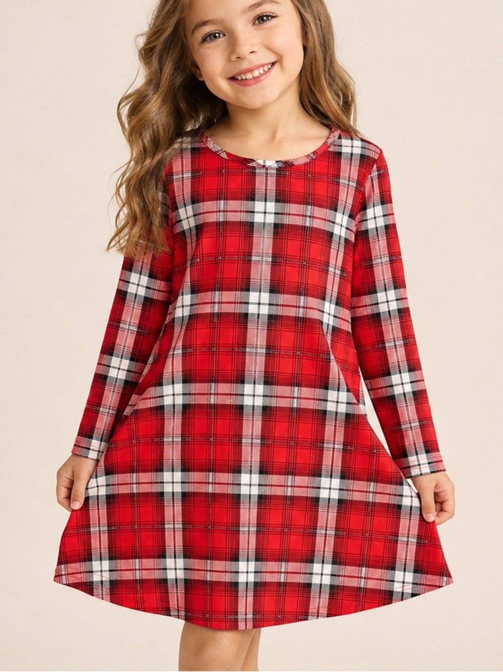 NWOT Forever Rose Girls' Red Plaid Long-Sleeve Dress